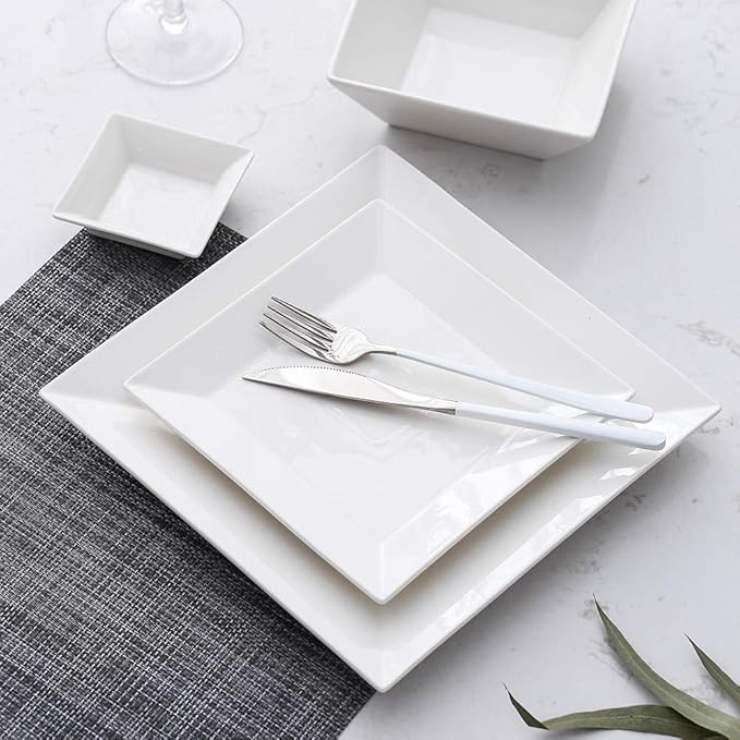 Porlien Off-White Porcelain Dinnerware Set (24 Piece Dinnerware Set), Square Dishes Set for 6 Person, Chip Resistant Dinnerware Set, Square Plates and Bowls Sets, Durable Everyday Dishes