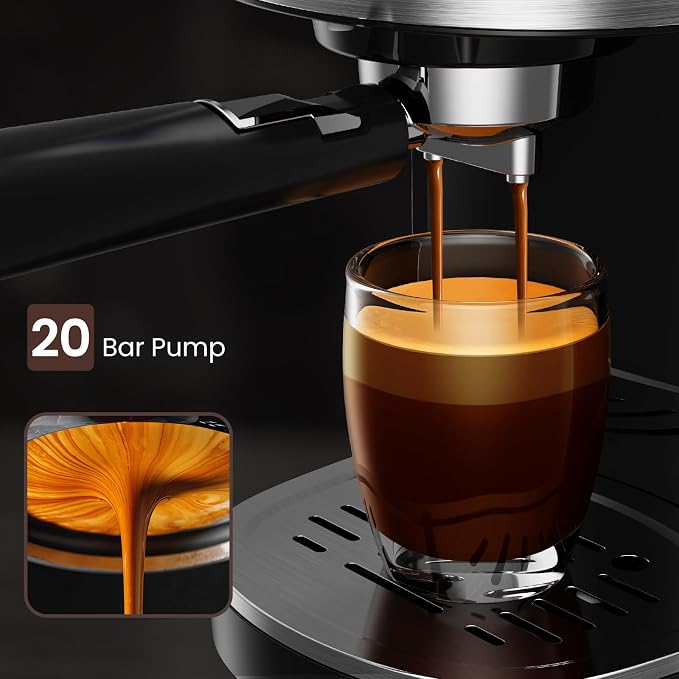 Electactic 20 Bar Espresso Machine, Professional Stainless Steel Coffee Maker with LCD Display, 45oz Removable Water Tank, Home & Office Espresso Maker for Cappuccino Latte Macchiato, Black
