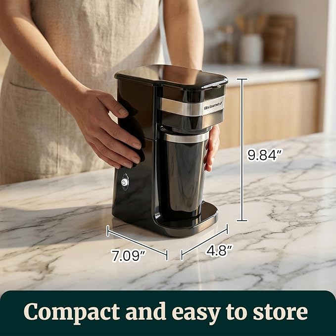 Elite Gourmet EHC113 Personal Single-Serve Compact Coffee Maker Brewer Includes 14Oz. Stainless Steel Interior Thermal Travel Mug, Compatible with Coffee Grounds, Reusable Filter, Black