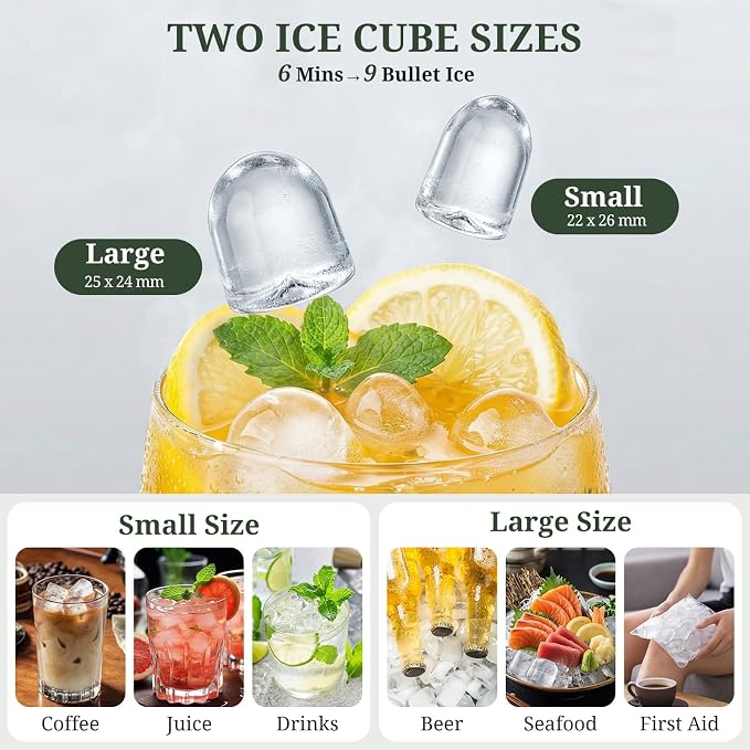 Ice Maker, Portable Ice Makers Countertop with Handle, Basket & Scoop, 26Lbs/24Hrs, 9 Bullet Ice Cubes in 6 Mins, 2 Ice Sizes, Self-Cleaning, Quiet Compact Ice Machine for Home Kitchen Party, Green
