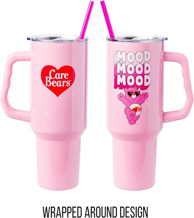 Silver Buffalo Care Bears “Mood” Double Walled Stainless Steel Tumbler with Handle Featuring Love-A-Lot Bear, Fits in Standard Cup Holder, 40 Ounces