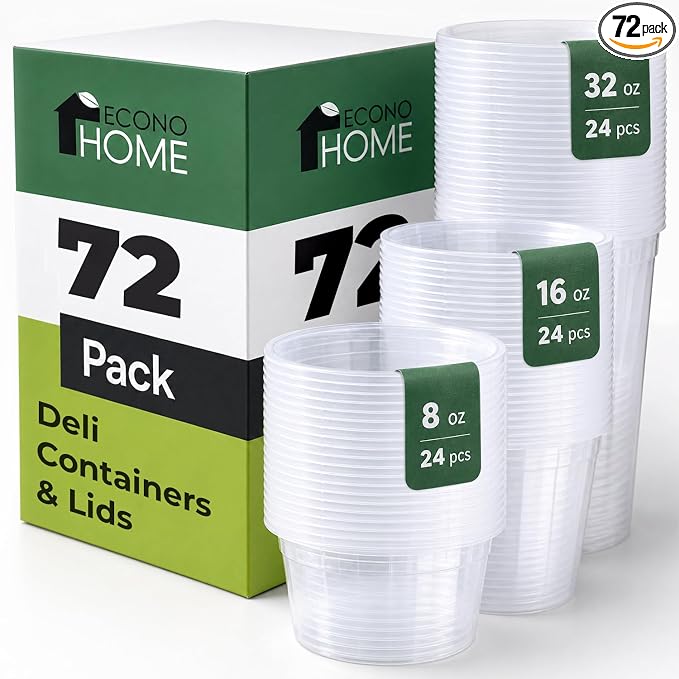 EconoHome Deli Containers with Lids 72 Pack – 24x8oz, 24x16oz, 24x32oz – BPA-Free, Microwave & Freezer Safe Clear Plastic Food Storage Containers for Meal Prep, Soups, Sauces & Leftovers
