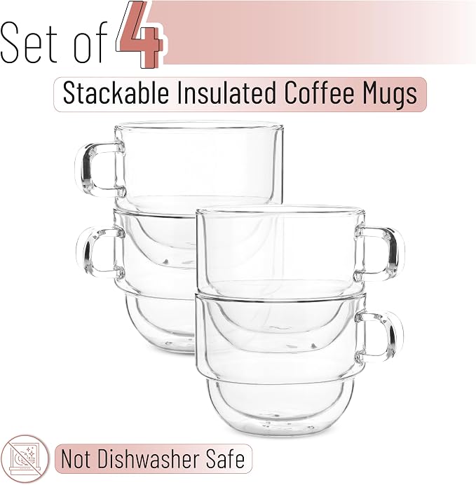 BTaT- Double Walled Stackable Glass Coffee Mugs, 12 oz, Set of 4, Glass Coffee Cups with Handle, Insulated Clear Coffee Mug for Hot and Cold Beverages, Cappuccino, Latte, Tea, Americano