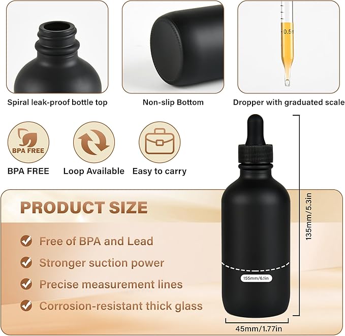 NOOEEISS 4oz Black Glass Eye Dropper Bottle - 4 Pcs Tincture Bottles With Leak-Proof Design, Pretty Finish, Stronger Suction for All Kinds of Mixed Liquids