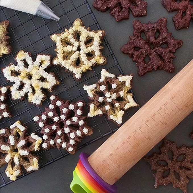 Rolling Pin with Thickness Rings and Pastry Baking Mat, 13.6" Adjustable Wooden Rolling Pin Dough Roller for Baking Cookie Pizza, Comes with Large Silicone Pastry Mat and Wooden Stand