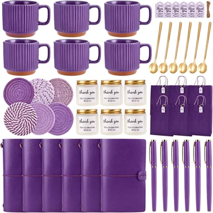 Baby Shower Prizes for Game Winners Baby Shower Games Prizes Ceramic Mugs with Metal Spoons Woven Coasters Notebooks Scented Candles Gift Bags Wedding Bridal Shower Favors for Guests (6, Purple)