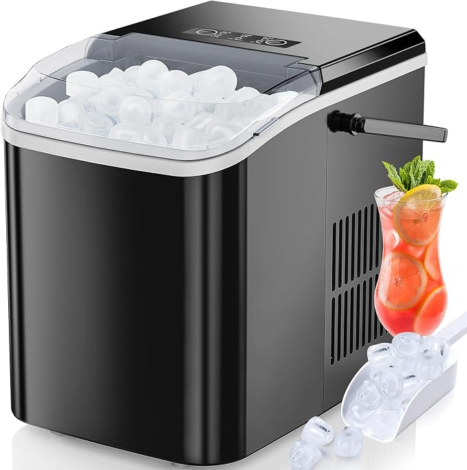 Hexago Countertop Ice Maker, 6-Min Fast Ice Machine with 2 Sizes Bullet Ice, Self-Cleaning Portable Ice Maker with Handle, 26.5 lbs/24H, Quiet Ice Maker for Home, Office, RV & Party