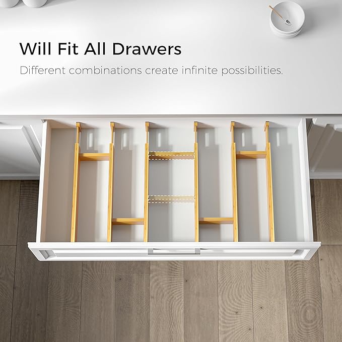 EcoFives Adjustable Bamboo Drawer Dividers with Inserts, Expandable Spring-Loaded Drawer Organizer for Kitchen, Clothes, Tools, Silverware, Bamboo Organizer Separators - 6 Large Pieces