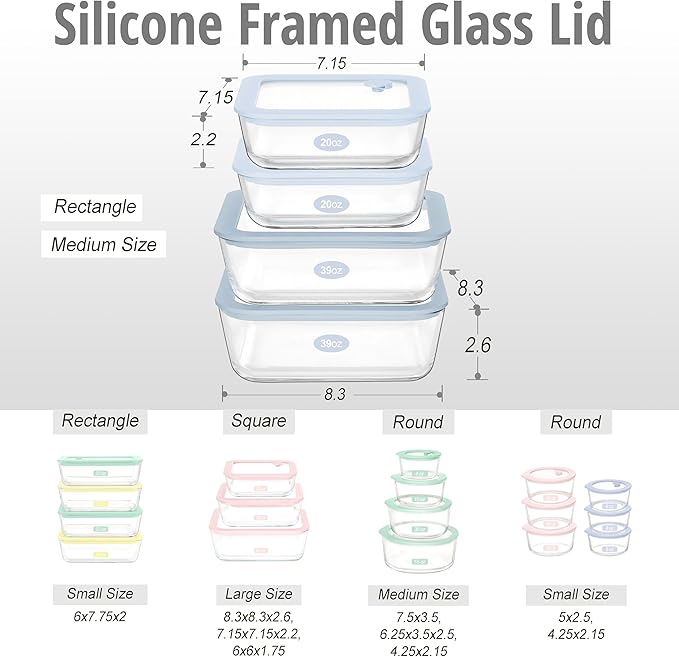 Urban Green Glass Food Container Set with Silicone Glass Lid, Square Shape, 4 Pack, Airtight, LeakProof, 100% Plastic Free, Meal Prep Food Storage Containers, Blue Color