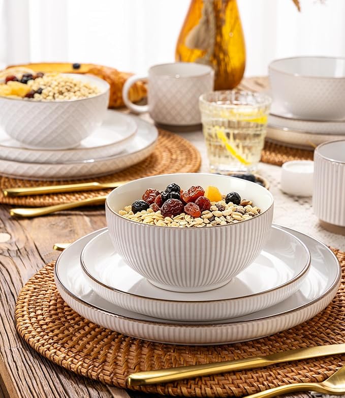 GBHOME Dinnerware Sets for 4, Farmhouse Style Stoneware Plates and Bowls Sets, 12 Pieces Embossed Scratch Resistant Dishes, Dishwasher & Microwave Safe, Off-White