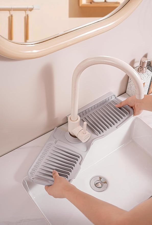 Folding Faucet Mat for Kitchen Sink Upgraded Premium Silicone Splash Guard with Fast Drying Properties Protective Sink Tray Ideal for Stone Sinks in Kitchen & Bathroom (Gray, 23.8"x5.5")