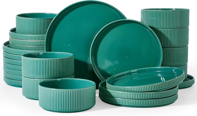 Famiware Star 24-Piece Stoneware Dinnerware Set for 8 – Sage Green, Ceramic Ribbed Plates and Bowls – Modern Rustic Dishes, Everyday & Formal – Chip & Scratch Resistant, Microwave & Dishwasher Safe