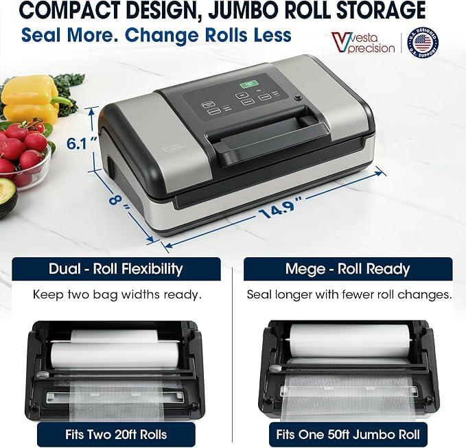 Vesta Precision 12" Vacuum Sealer Machine for Liquid & Moist Foods, Smart Heat Sealing Prevents Bag Melting, Built-in Cutter & Roll Storage Fits 2X20’ or 1X50' Rolls, Mason Jar Kit, Sous Vide, V23