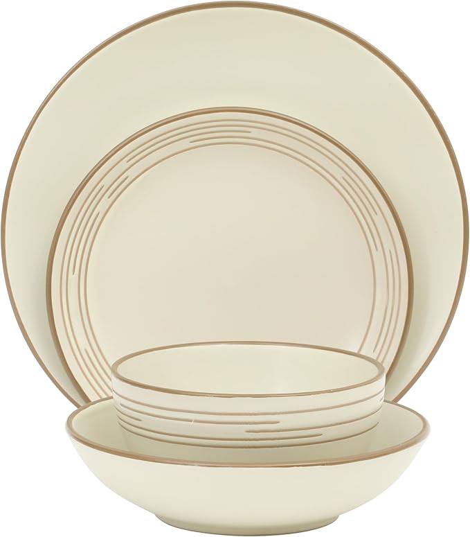 Gibson Home Chiswick House 16-Piece Stoneware Dinnerware Set, Round Plates and Bowls Set for 4, White with Wax Relief Embossed Rim Detail, Dishwasher Safe – Dinner Plate, Salad Plate & Cereal Bowl