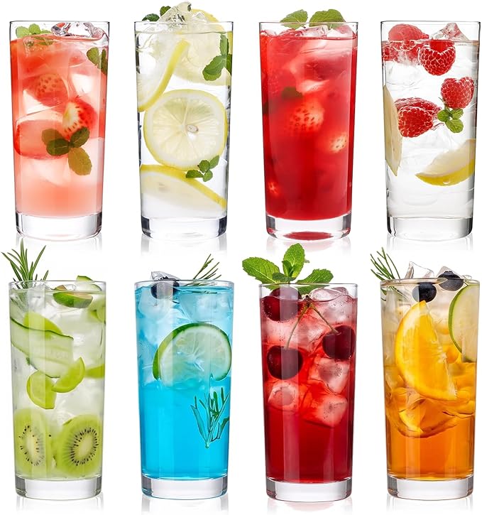 Highball Glasses Set of 8, 16oz Tall Drinking Glasses, Water Glass for Kitchen, Tom Collins Glasses, Mojito Glass Cups, Cocktail Glasses for Bar Glassware