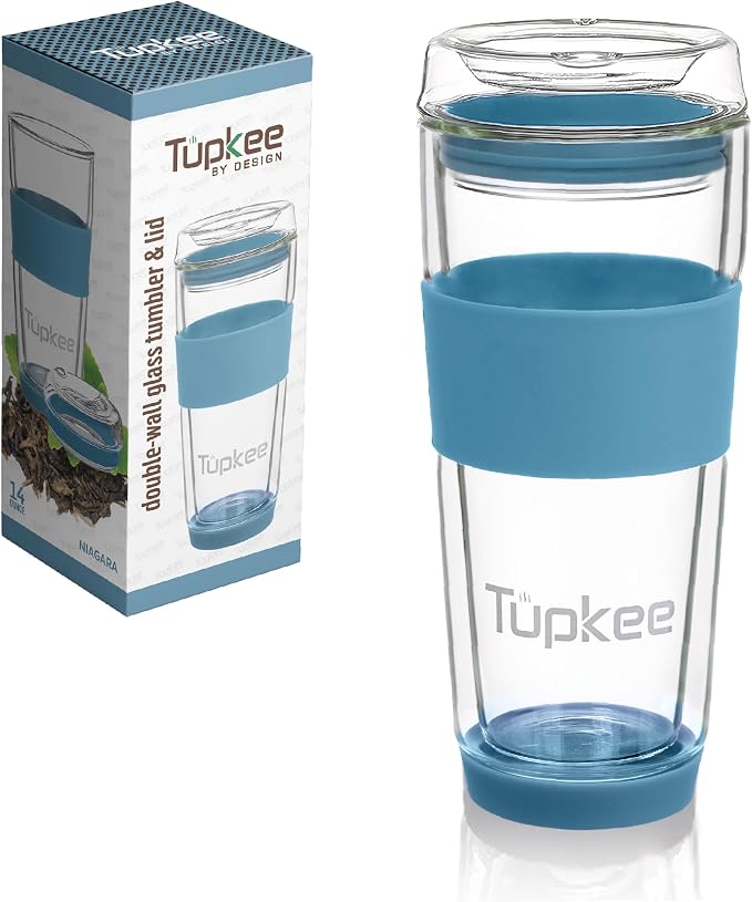 Double Wall Glass Tumbler - 14-Ounce, All Glass Reusable Insulated Tea/Coffee Mug & Lid, Hand Blown Travel Mug - Niagara