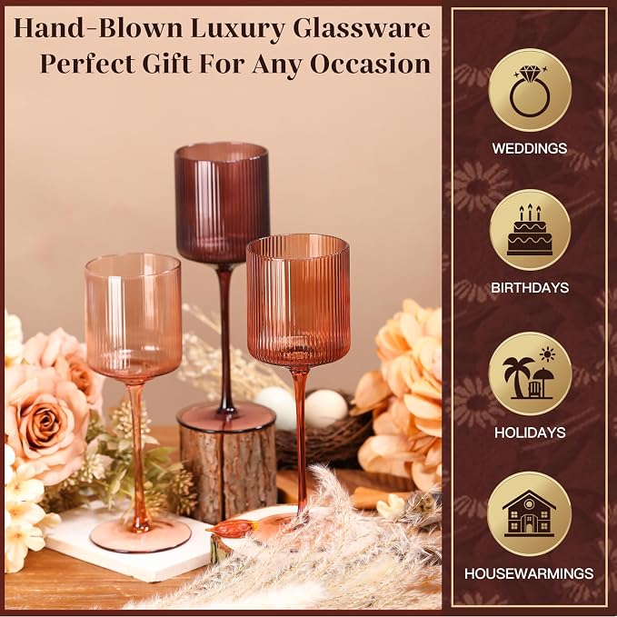 Melanin Colored Square Wine Glasses Set of 6, Elegant Ribbed Design Amber Crystal Glassware with Long Stem, 11.5oz Hand Blown Red & White Wine Stemware For Home Bar Deco,Party,Wine Dinner- Multicolour