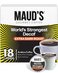 Maud's World's Strongest Decaf Coffee Pods, 18 ct, Decaffeinated Dark Roast Coffee in Single Serve Pods – 100% Arabica Coffee, Compatible with Keurig K Cups Maker