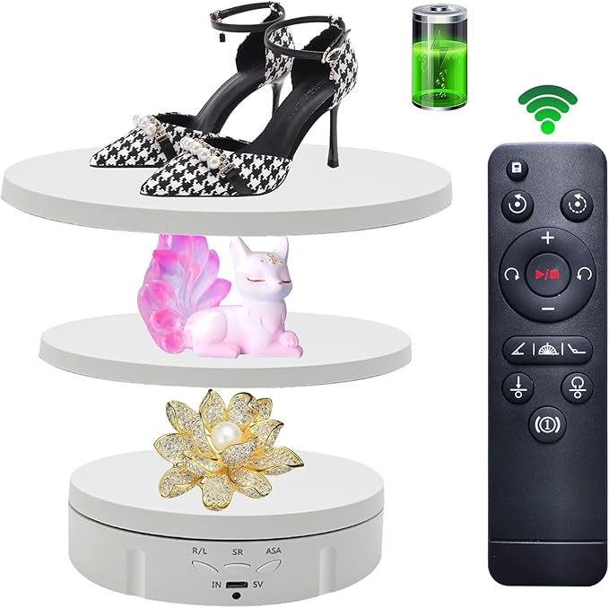 JAYEGT 3in 1 Motorized Rotating Display Stand with 5.74 /7.08/ 8.66 inch Replacement Cover，Max 22lbs Load , 360 Electronic Turntable for Photography Products (3 in1 / White/ With Remote controller)