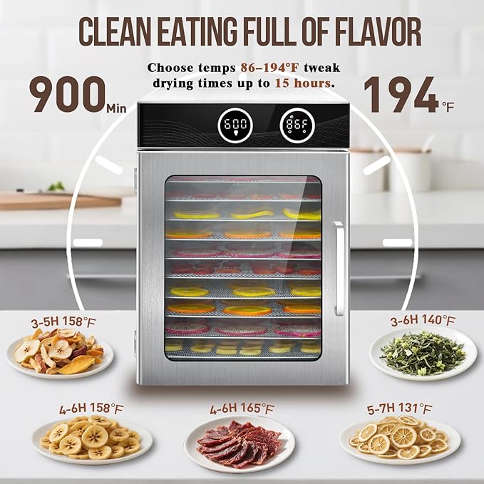 Food Dehydrator with 10 Stainless Steel Trays, with Electronic knob, 194°F Temperature Adjustable and 0-15 Hour Digital Timer, 800W dehydrators, low noise, for Dog Treats, Meat, Fruit, Jerky and Herbs