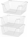 Stackable Wire Metal Baskets Cabinet Organizer Sturdy Metal Wire Pantry Freezer Bin with Handle for Kitchen Fruit Vegetable Organization, White, 3Packs