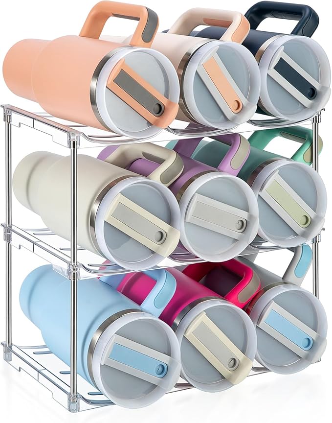 Sbosbo Water Bottle Organizer for Stanley 40 oz Tumbler, Stackable Tumbler Storage, 3 Pack Water Bottle Organizer for Cabinet, Pantry Kitchen Storage & Organization for Stanley Cup - Hold 9 Bottles
