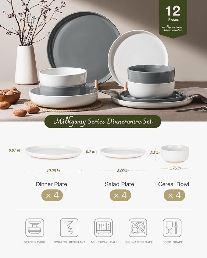 Famiware Milkyway Plates and Bowls Sets, 12 Pieces Stoneware Dinnerware Sets, Dishes Set for 4, White & Dark Gray