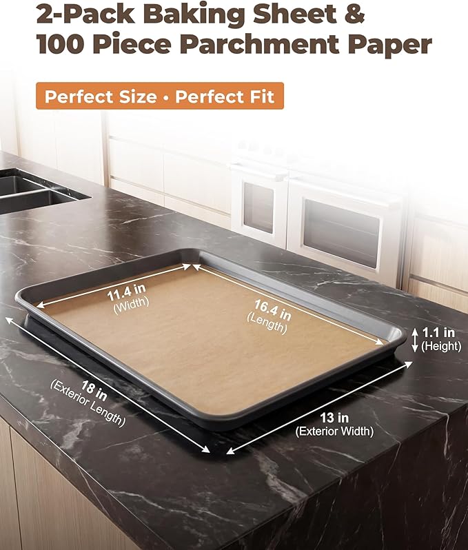 Bake Choice 2 Pack Half Sheet Pans 18x13 In with 100 Pcs Parchment Paper, Heavy Duty Carbon Steel, Warp Resistant Nonstick Baking Sheet, Commercial Grade Cookie Sheets for Oven Baking Roasting