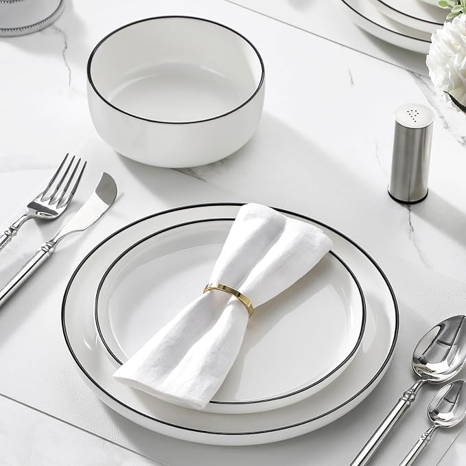 MALACASA Plates and Bowls Sets, 12 Pieces Modern Porcelain Dinnerware Set for 4 White Kitchen Dinner Dining Ware Set wtih Black Rim Ceramic Dishware Dishes Microwave and Dishwasher Safe, Series LUNA
