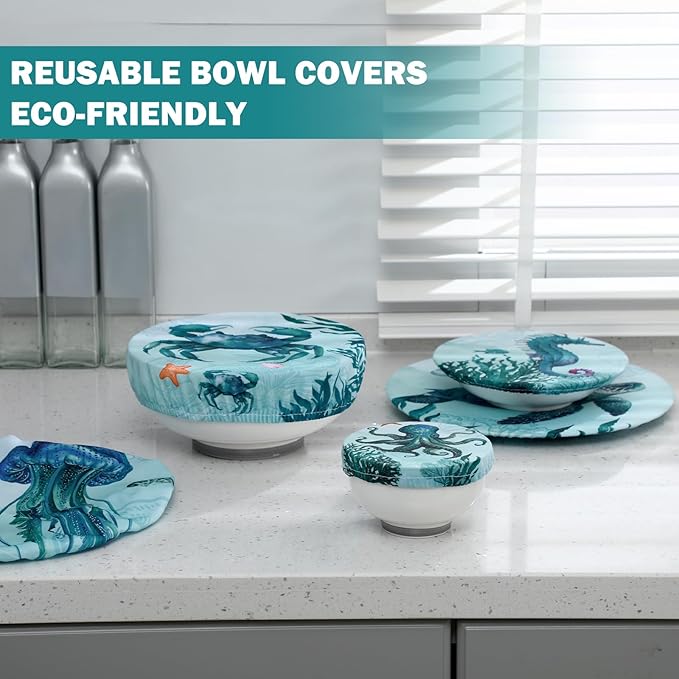Patelai 10 Pcs Bowl Covers Reusable in 5 Size Stretch Cloth Fabric Elastic Food Storage Bowl Covers Bread Sourdough Lids for Proofing Food Fruits Leftover(Dark Blue,Ocean)