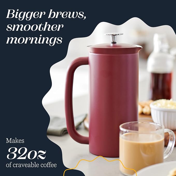 ESPRO Pro P7 French Press Coffee Maker - Double-Walled Stainless Steel Insulated with Micro-Filter - Cranberry, 32oz
