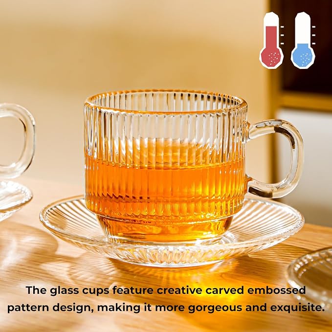Atarvana 6 Pack Glass Tea Cups and Saucers Set with Spoons, Glazeal Stackable 5.41oz/160ml Heat-Resistant Espresso Cups, Transparent Tea Glass for Cappuccino, Latte, Cafe and Home Kitchen Use