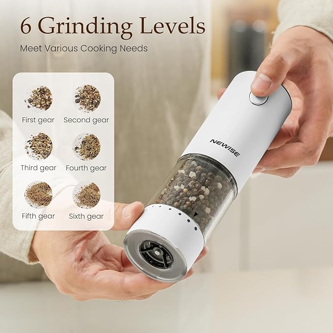 Electric Salt and Pepper Grinder Set, Rechargeable with LED Lights, Stainless Steel Automatic Pepper & Salt Mill, Adjustable Coarseness, Large Capacity, White