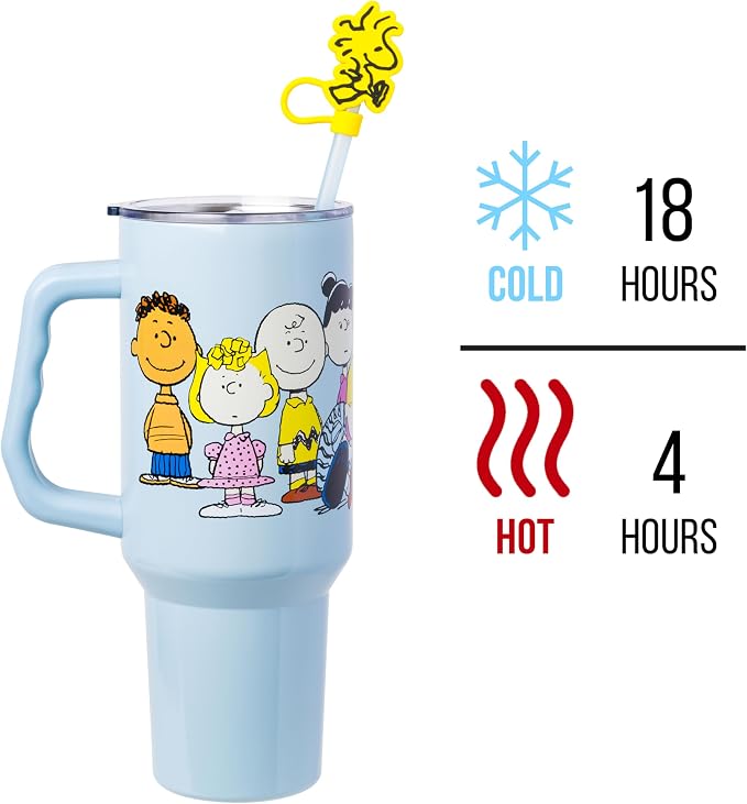 Silver Buffalo Peanuts Gang Charlie Brown, Snoopy, Woodstock, Lucy, Sally, Linus, Double Walled Stainless Steel Tumbler with Handle, Straw, and Straw Cap, Fits in Standard Cup Holder, 40 Ounces