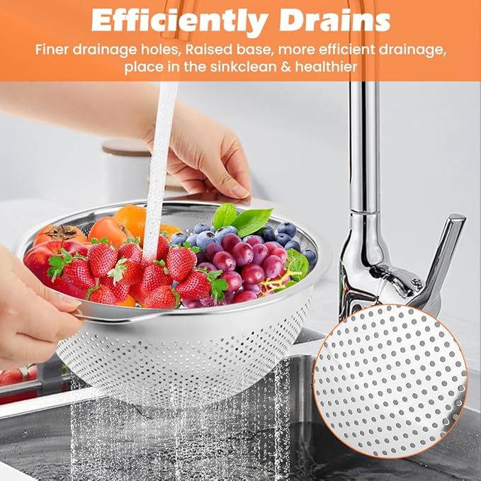 Stainless Steel Colander Set of 3 (2-3-5Quart),Micro-Perforated Colander Strainer with Handle,for Draining Rinsing Washing, Ideal for Pasta Vegetables Fruits,Dishwasher Safe