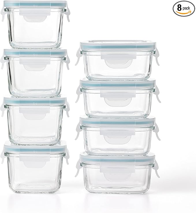Glasslock Mini Reusable 5 Ounce Rectangular and 7 Ounce Square Tempered Glass Food Storage Container Set for Fridge and Freezer, 8 Piece Set