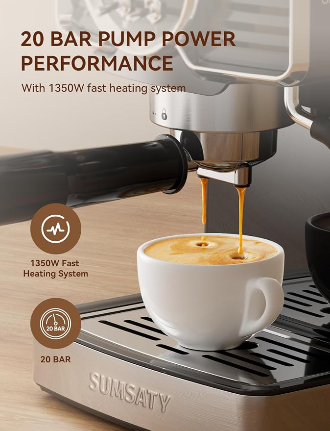 SUMSATY 20 Bar Espresso Machine Retro with Powerful Milk Frother, Black | Visual Pressure Gauge Espresso Coffee Machine 1350W Fast Heating Home Barista for Cappucino Latte Maker, 61oz Water Tank