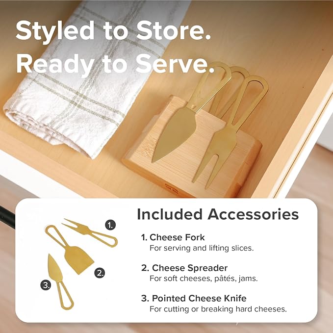 Premium Charcuterie Board Set – Kitchen Edge Long Bamboo Cheese Serving Board with Handle & Magnetic Utensil Block, 21in x 7in, Includes 3 Gold Cheese Utensils, Perfect for Entertaining & Gifting