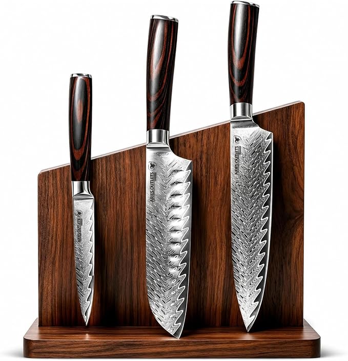 VG10 HPS 3 Piece Japanese Chef Knife Set, Damascus Kitchen Knives with VG10 Steel Core, Essential Chef Knives Set with Pakka Wood Handle for Daily Cooking