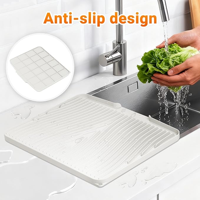 Silicone Dish Drying Mat for Kitchen Counter, Dish Drying Pad, Non-Slip Drain Pad with Built-in Drain, Heat Resistant Stone Drying Mat