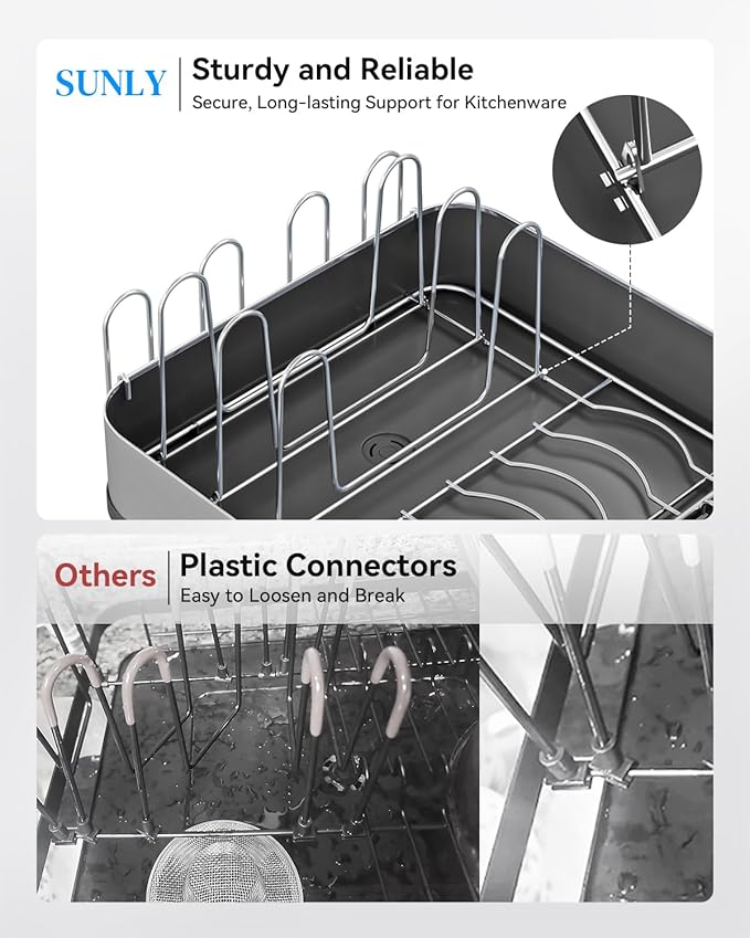 SUNLY Expandable Dish Drying Rack, Versatile Brackets for Pots & Pans, Space Saving Kitchen Drying Rack, Dish Racks for Kitchen Counter, Stainless Steel Dish Drainers with Extendable Spout, Black