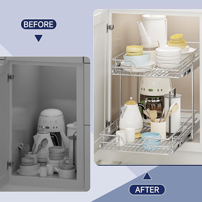 2-Tier Pull Out Cabinet Organizer, 13.5" W x 21.5" D, Heavy Duty Dual Slide Out Shelves for Base Cabinets, Chrome Wire Basket Drawer for Pantry, Kitchen & Bathroom Storage