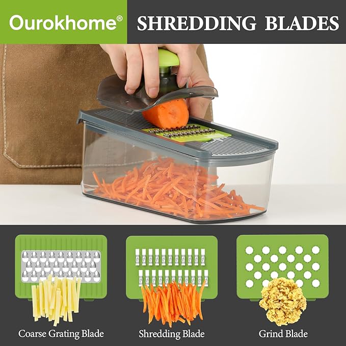 Ourokhome Mandolin Vegetable Slicer, 6 in 1 Multifunctional Veggie Slicer Shredder with Container, Vegetable Chopper Onion Cutter with Container, Multifunctional Food Chopper Veggie Dicer with 2 Blade