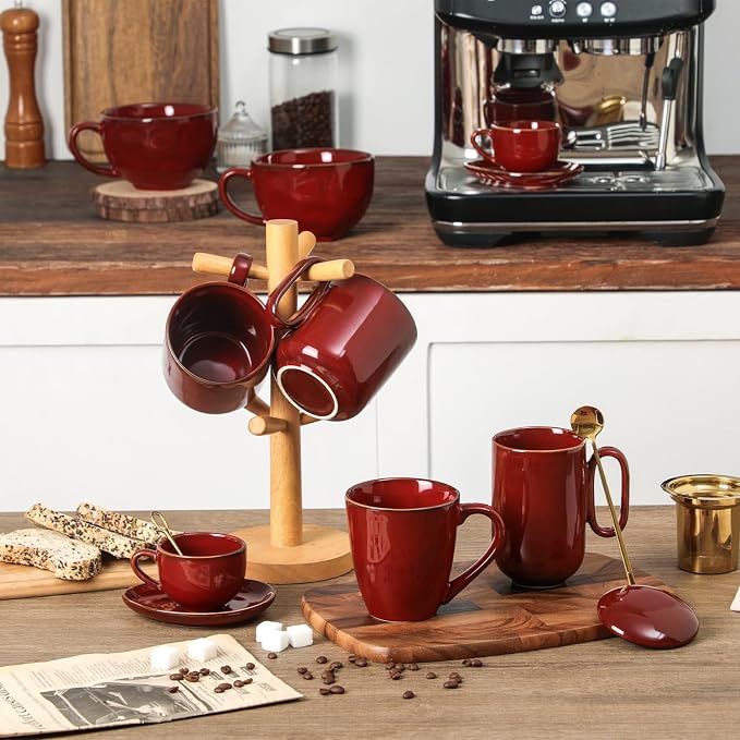 vicrays Ceramic Tea Mug Infuser - Large Cup 16 oz Hot Loose Steeping Handle Teacup with Leaf Infuser Spoon Lid - Tall Glazed Strainer Coffee Mug Microwave Safe - Cherry Red