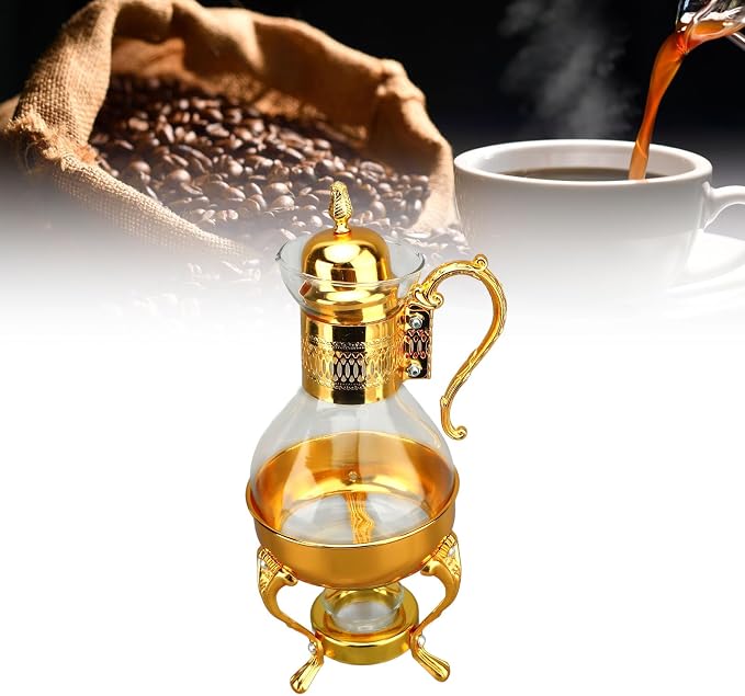 Glass Tea Pot with Warmer, 50 oz Vintage Espresso Kettle Heated Glass Coffee Pot with Handle, Heat Resistant Turkish Coffee Pitcher Teapot for Home Office Cafe Use (Gold)