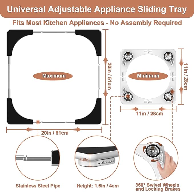 Adjustable Appliance Sliding Tray - Expandable 11" x 11"- 20" x 20" Slider Tray for Kitchen Appliances - 360° Countertop Rolling Tray with Locking Brakes for Coffee Makers