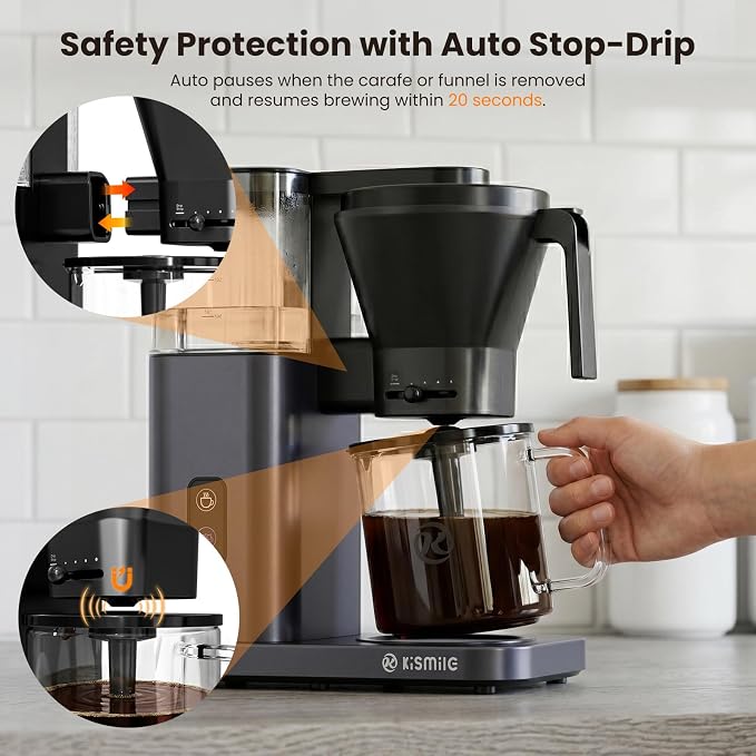 Kismile 8-Cup Coffee Maker, SCA Certified Hot & Cold Brew Coffee Machine, 6-Min Quick Brew, Magnetic Anti-Drip, Adjustable Flow Control, Keep Warm, Dishwasher Safe, DIY Manual Mode, Starry Gray