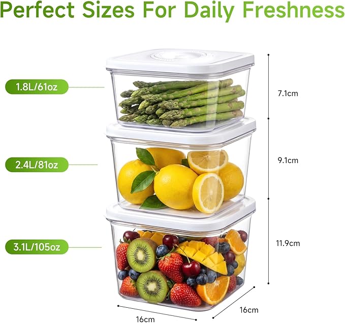 Vixino Vacuum Seal Containers, 3Pcs Reusable Food Storage Containers with Lids for Meal Prep and Freezer, BPA-Free，Microwave Safe，Leak-proof, Airtight (Vacuum Sealer Not Included)