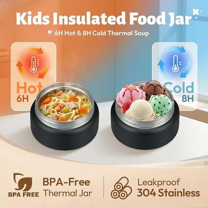 Itslife Bento Box for Kids Set, Insulated Food Container,Kids Lunch Box, 7 oz Thermos for Hot Food, 12 oz Thermos Water Bottle, Reusable Insulated Ice Bag & Fork Spoon Utensils Camping Travel Black