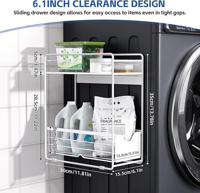 CABTE 2 Tier Magnetic Shelves for Washing Machine with Pull Out Metal Drawer,Magnetic Spice Rack for Fridge,Magnetic Rack with no Installation, Versatile Storage Organizers for Home (White, 2 Tier)
